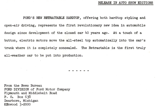 '57 Skyliner press release '57 Skyliner press release